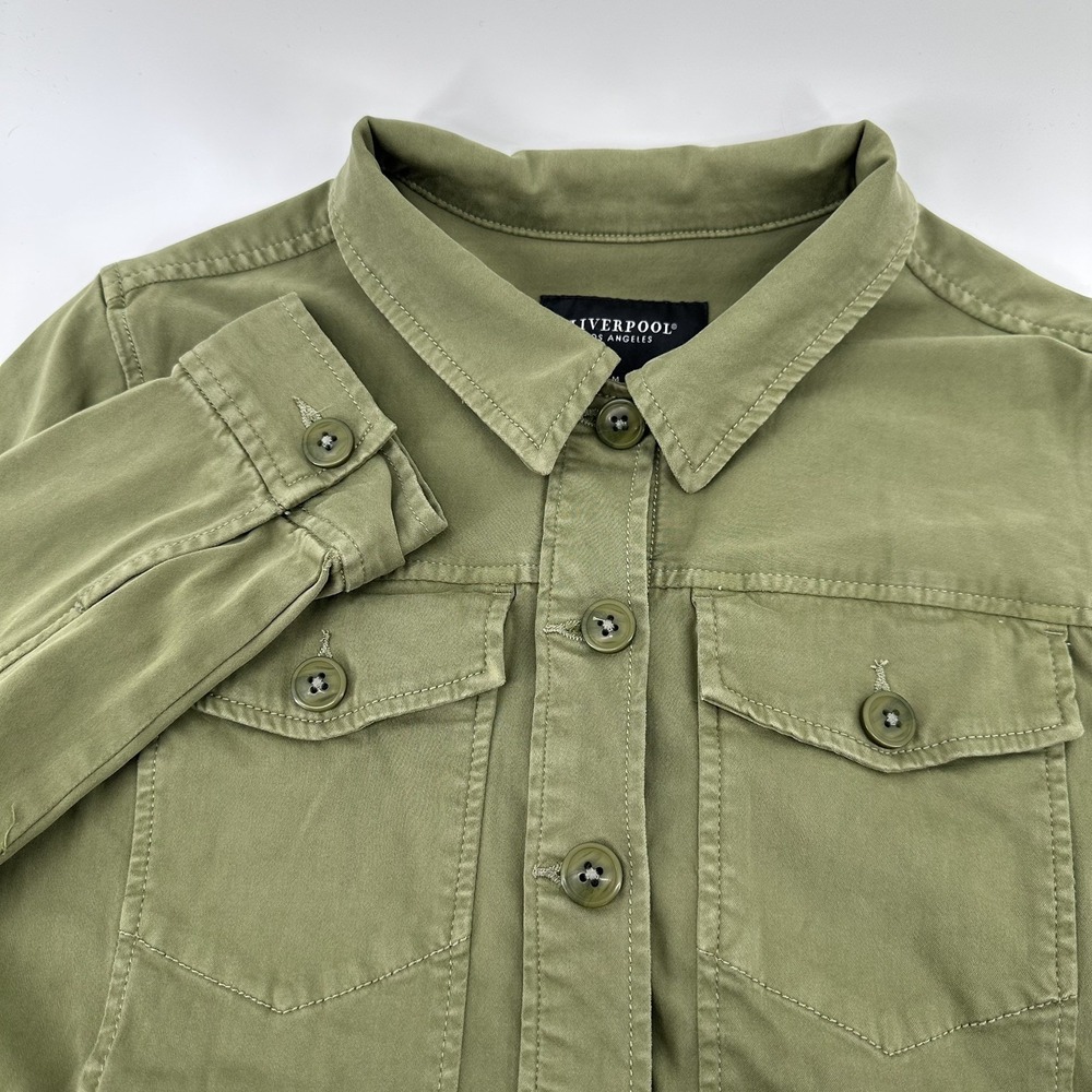 Liverpool Women M Trucker Jacket Elastic Stretch Denim Utility Shacket Green
